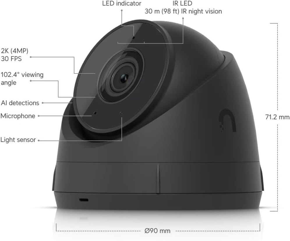 UniFi G5 Turret Ultra Black Edition Ubiquiti 2K HD PoE Surveillance Camera, Wide Angle 102.4°, 30 m Night Vision, AI Detection, Microphone, PoE Connector, Weatherproof UVC-G5-TURRET-ULTRA