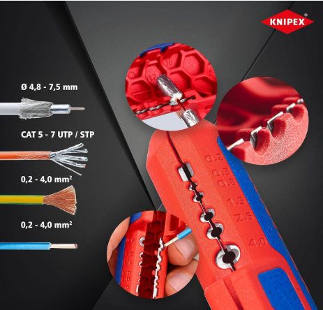 KNIPEX Ergostrip Universal Stripping Tool for Right-Handers, 135 mm, Round Cable, Coax Cables, Data Cables, Wire Stripper, 16 95 01 SB