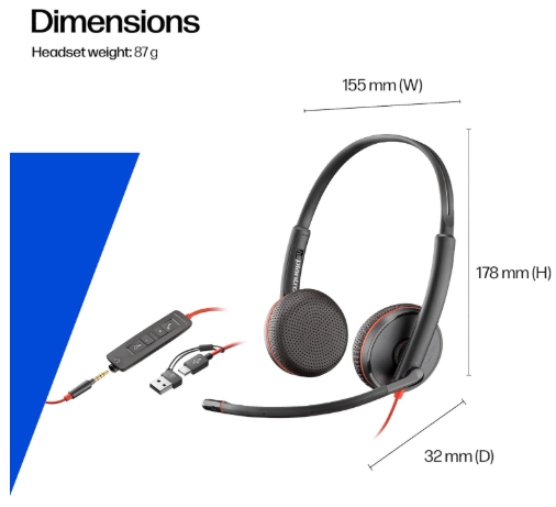 Poly Blackwire 3225 Wired Headset - Noise-Canceling Mic – Stereo Design - Connect to PC/Mac/Mobile via USB-C, USB-A, or 3.5mm - Works w/Teams, Zoom