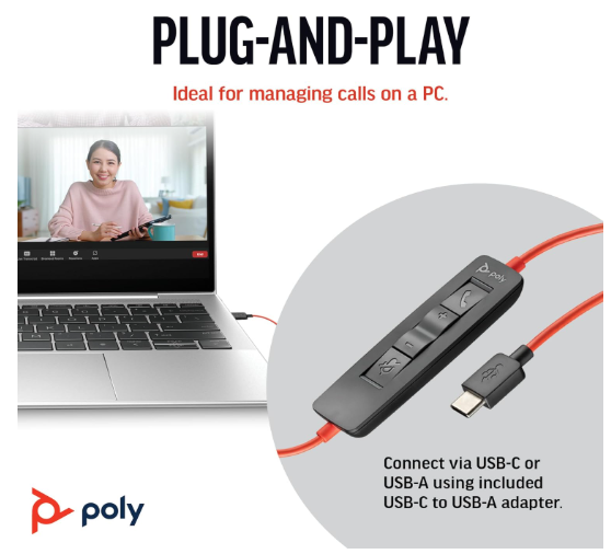Poly Blackwire 3210 Wired Headset - Noise-Canceling Mic - Single-Ear Design - Connect to PC/Mac via USB-C or USB-A - Works w/Teams, Zoom