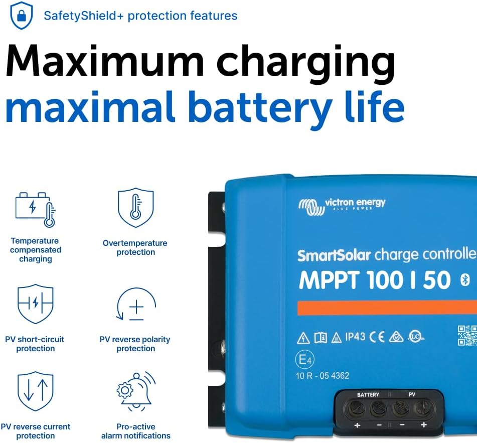 Victron Energy SmartSolar MPPT Solar Charge Controller (Bluetooth) - MPPT Charge Controller for Solar Panels - 100V 50 amp 12/24-Volt