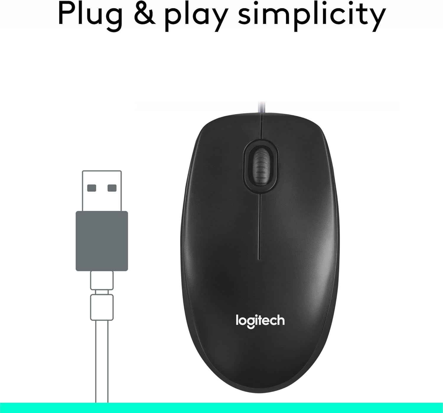 Logitech M100 Wired USB Mouse 3 Buttons 1000 DPI Optical Tracking, For left and right handed users, Compatible with PC, Mac, Laptop - Black