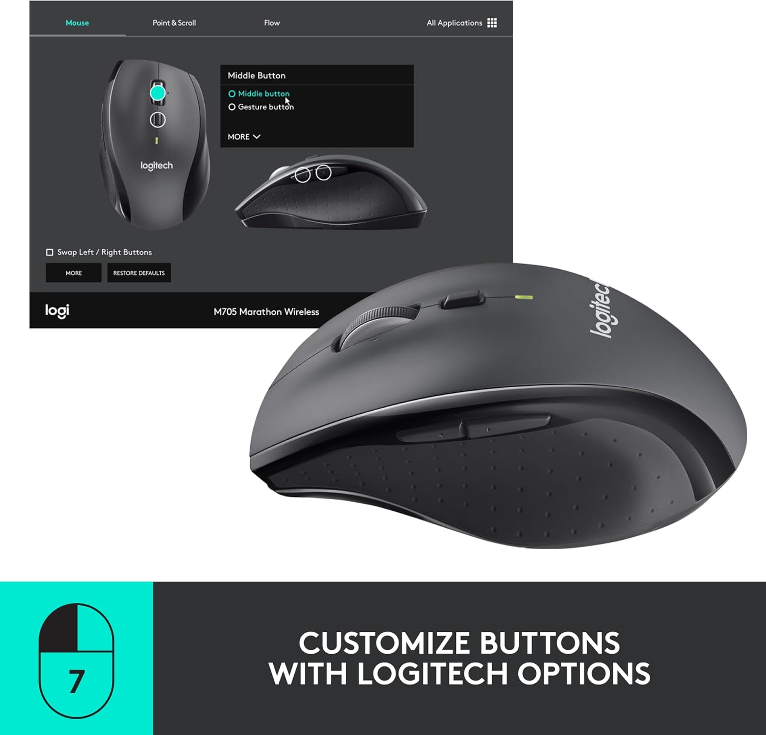 Logitech M705 Marathon Wireless Mouse, 2.4 GHz USB Unifying Receiver, 1000 DPI, 5-Programmable Buttons, 3-Year Battery, Compatible with PC, Mac, Laptop, Chromebook - Black
