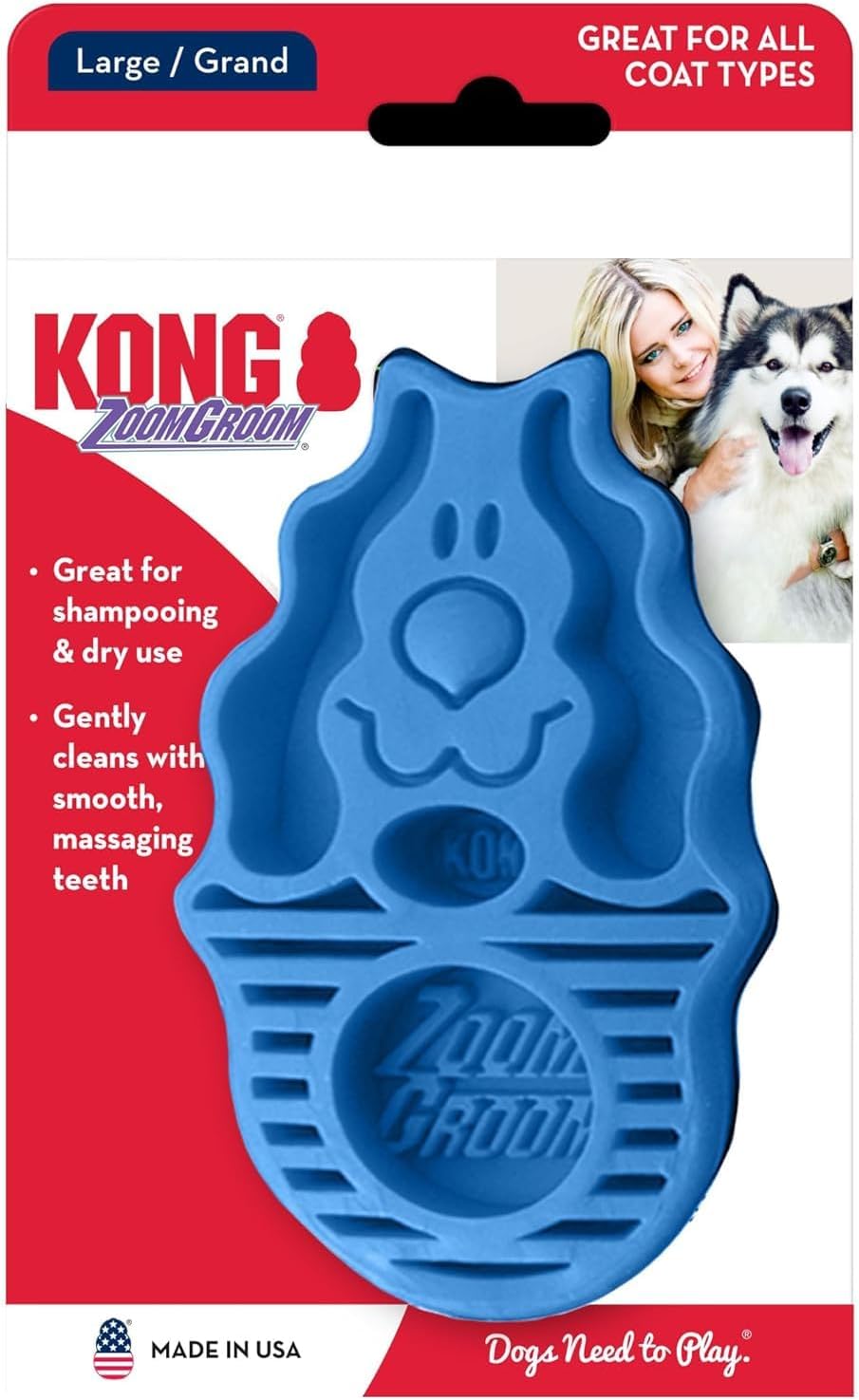 KONG - ZoomGroom - Dog Brush for Grooming and Shampooing - For Large Dogs (Blue)