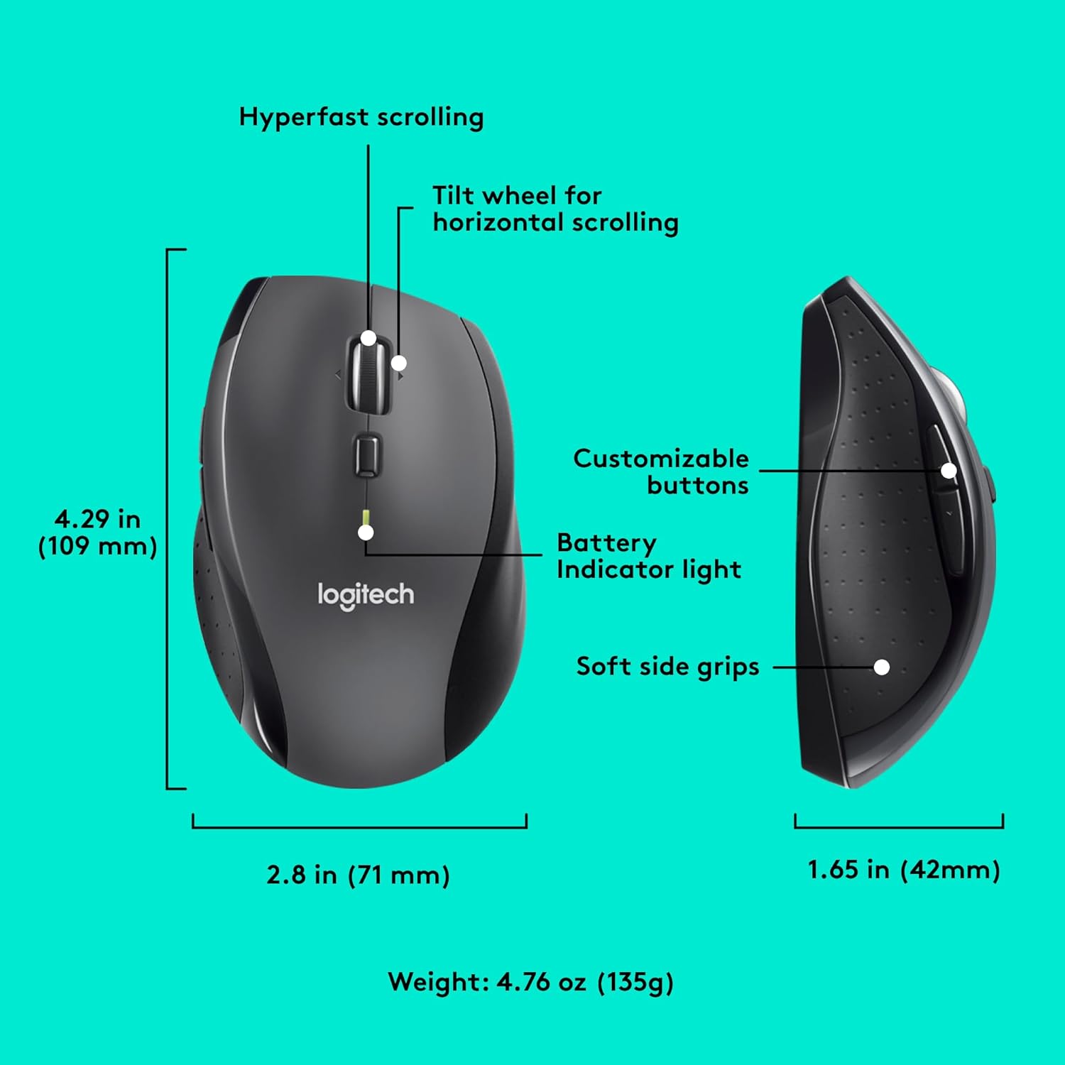 Logitech M705 Marathon Wireless Mouse, 2.4 GHz USB Unifying Receiver, 1000 DPI, 5-Programmable Buttons, 3-Year Battery, Compatible with PC, Mac, Laptop, Chromebook - Grey