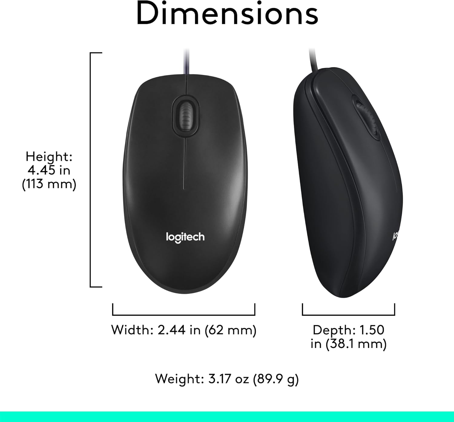 Logitech M100 Wired USB Mouse 3 Buttons 1000 DPI Optical Tracking, For left and right handed users, Compatible with PC, Mac, Laptop - Black