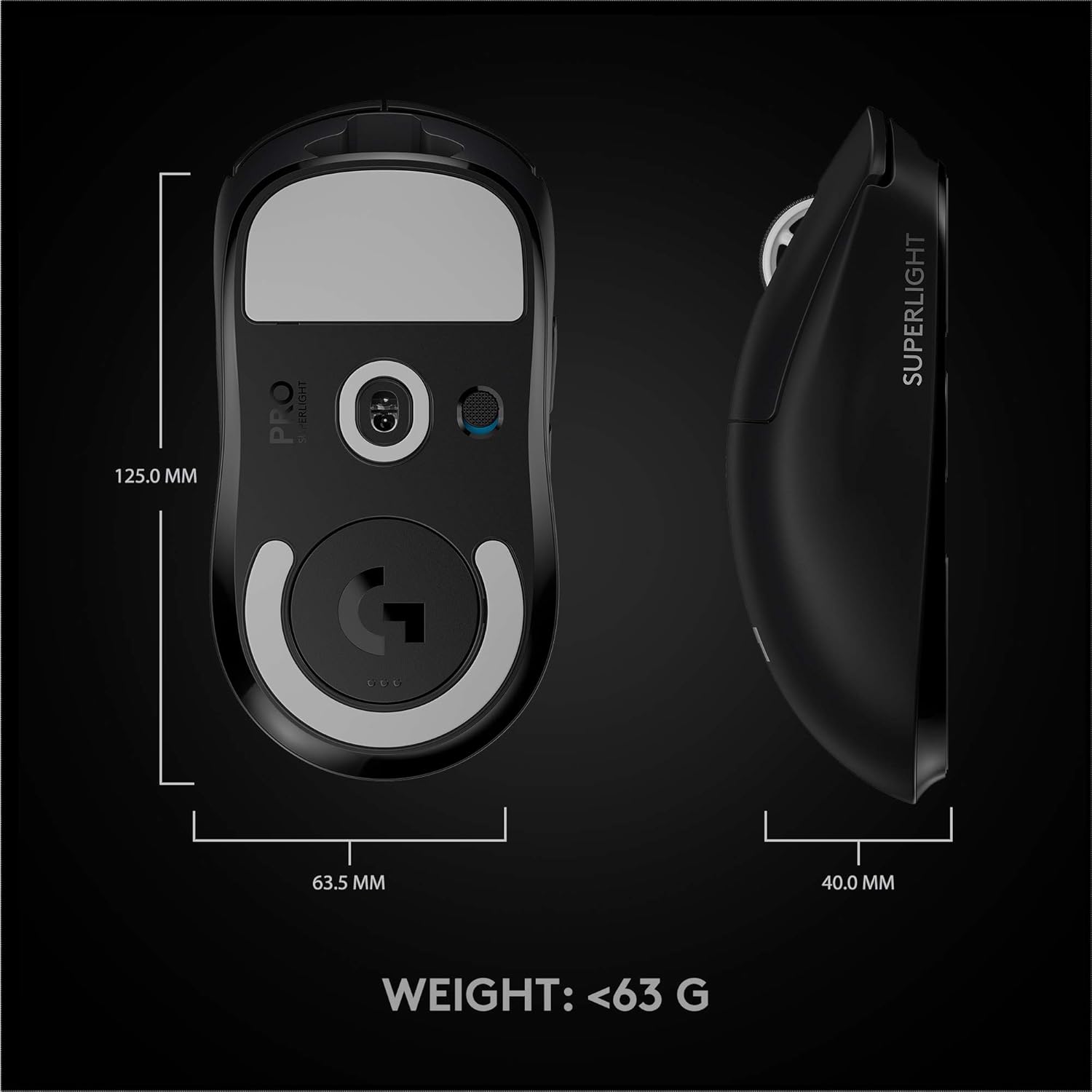 Logitech G PRO X SUPERLIGHT Wireless Gaming Mouse, made for esports HERO 25K Sensor, Ultra Lightweight 63g, Programmable Buttons, Up to 70h Battery Life, ZERO-ADDITIVE PTFE FEET, PC/Mac - Black