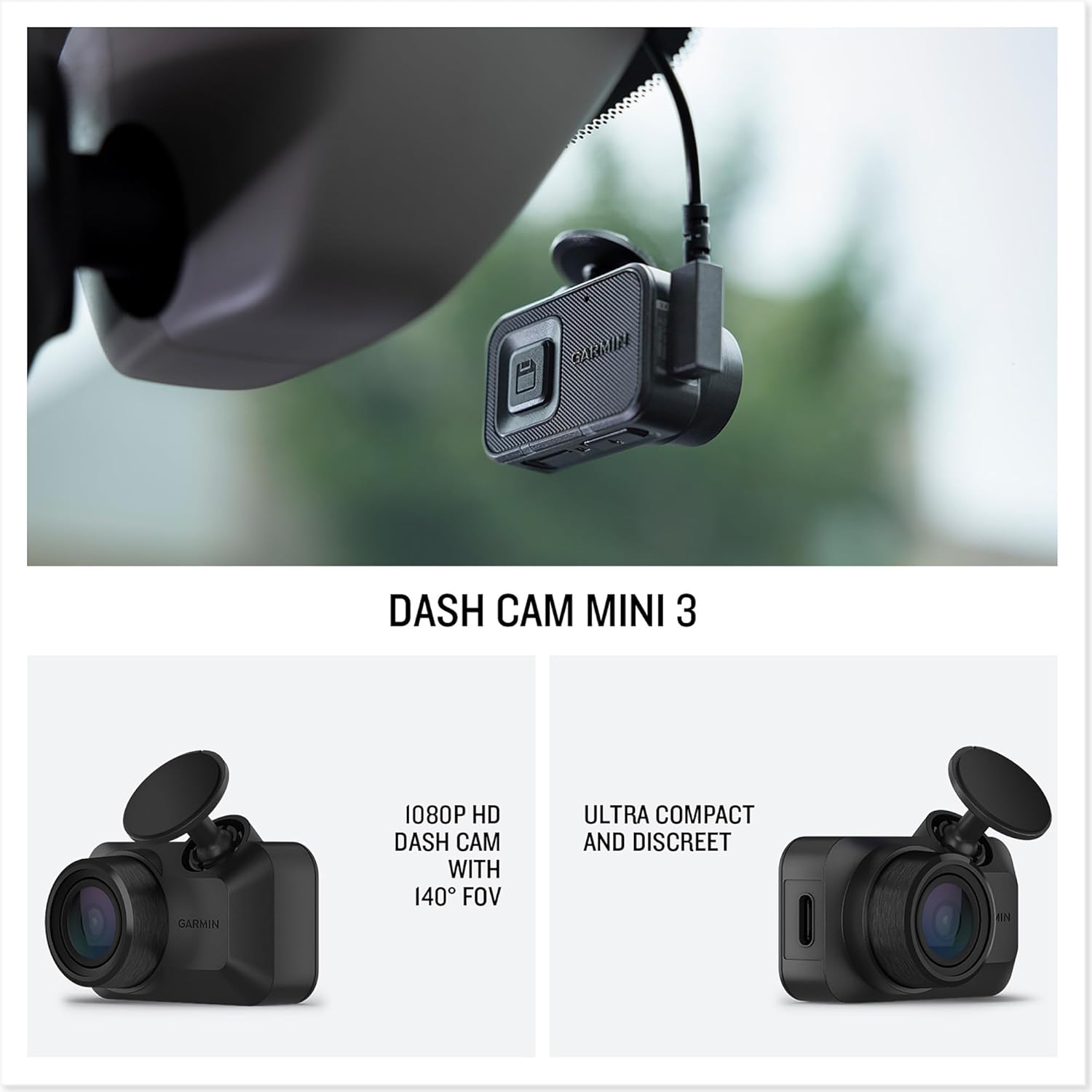 Garmin Dash Cam Mini 3, Super Compact Dash Cam, 140-degree Field of View, Voice Controlled, Incident Detection, 1080p HD Video, Built in Clarity Polariser, Parking Guard