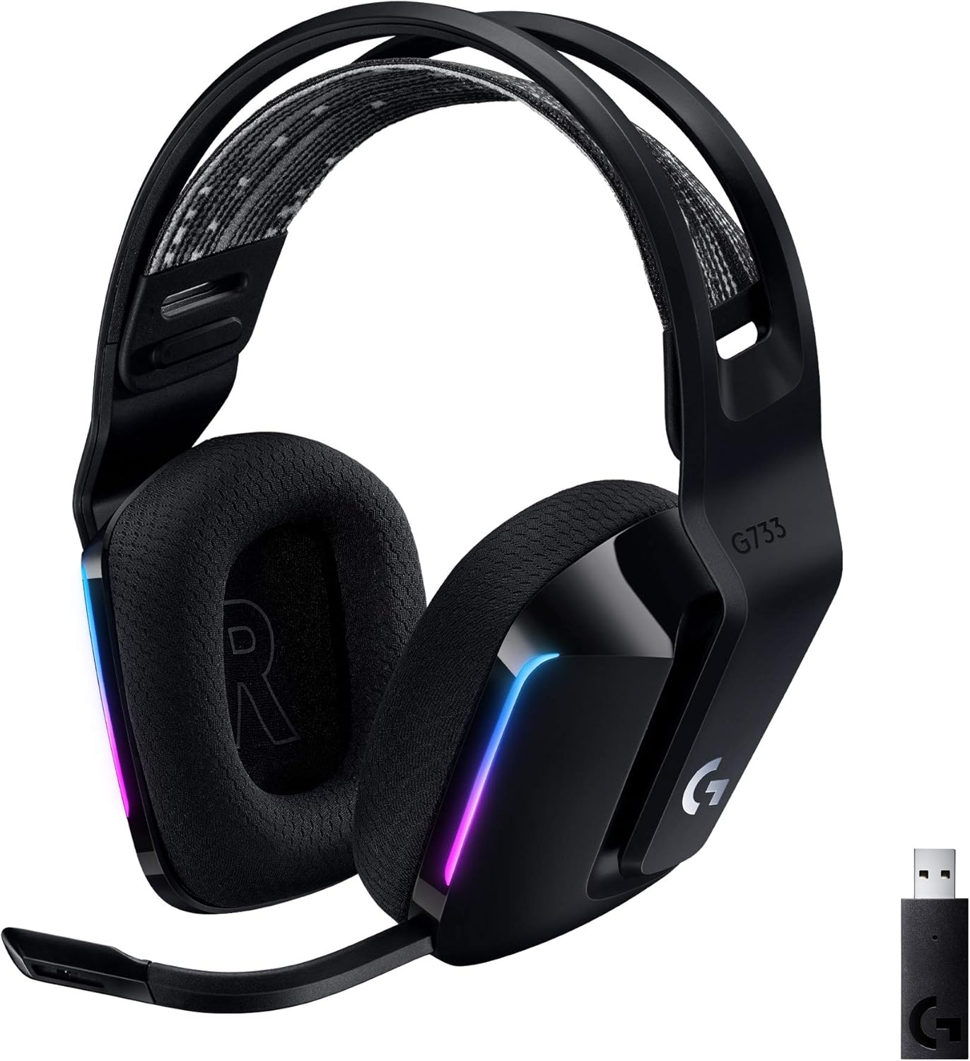 Logitech G G733 LIGHTSPEED Wireless Gaming Headset with suspension headband, LIGHTSYNC RGB, Blue VO!CE mic technology and PRO-G audio drivers, Lightweight, 29 Hour battery life, 20m range – Black