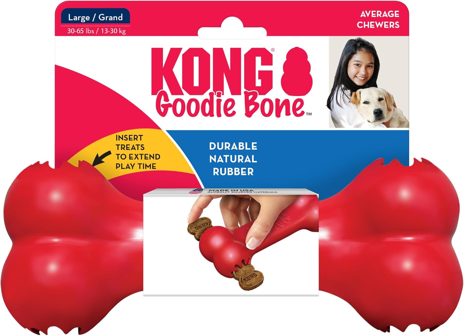 KONG Goodie Bone - Classic Natural Rubber Dog Bone - Treat Dispensing - For Large Dogs, Red