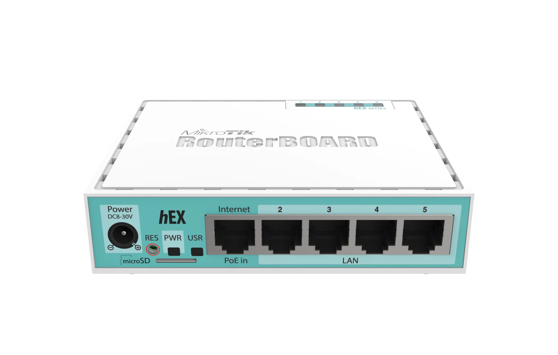 hEX with Dual Core 880MHzMHz CPU, 256MB RAM, 5 x Gigabit LAN ports, USB, RouterOS L4, plastic case, PSU