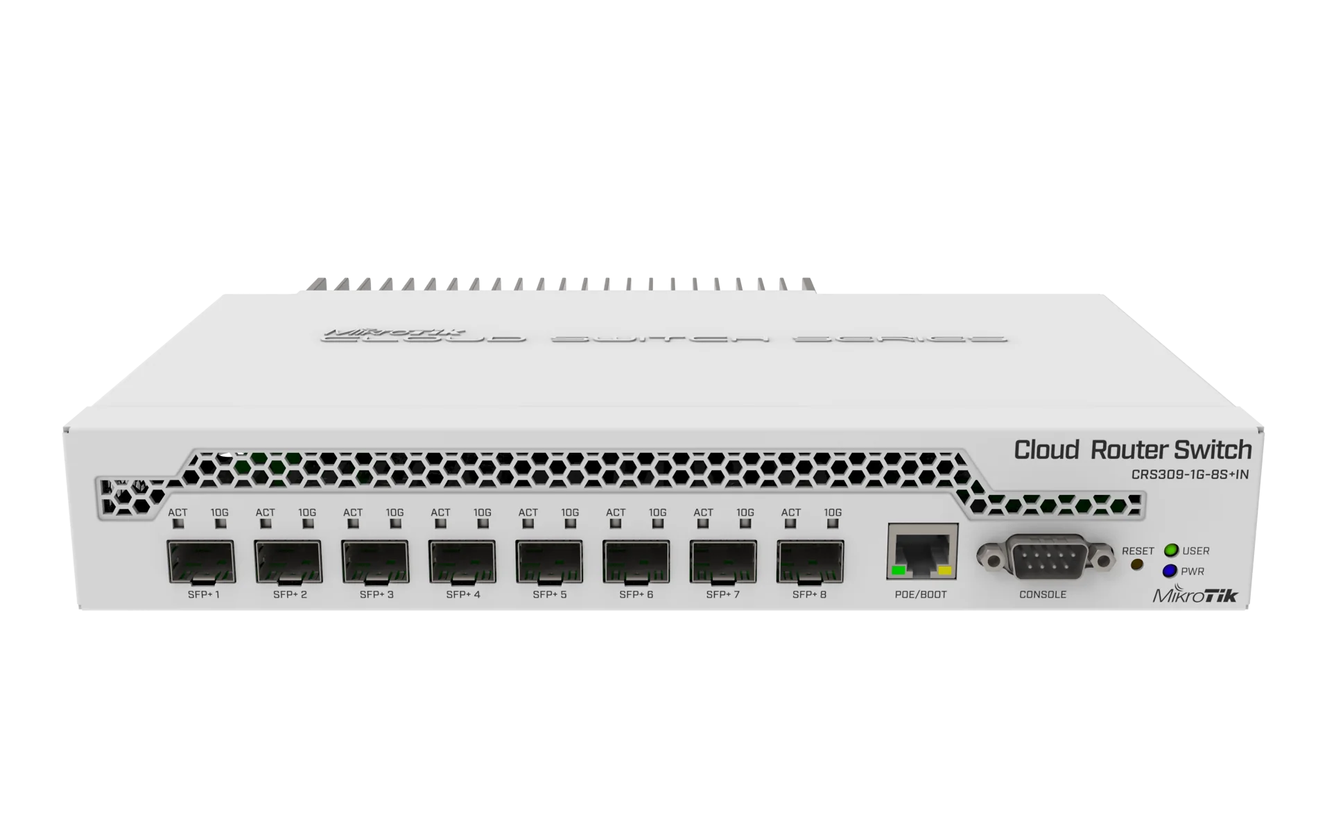 Cloud Router Switch 309-1G-8S+IN with Dual core 800MHz CPU, 512MB RAM, 1xGigabit LAN, 8xSFP+ cages, RouterOS L5 or SwitchOS