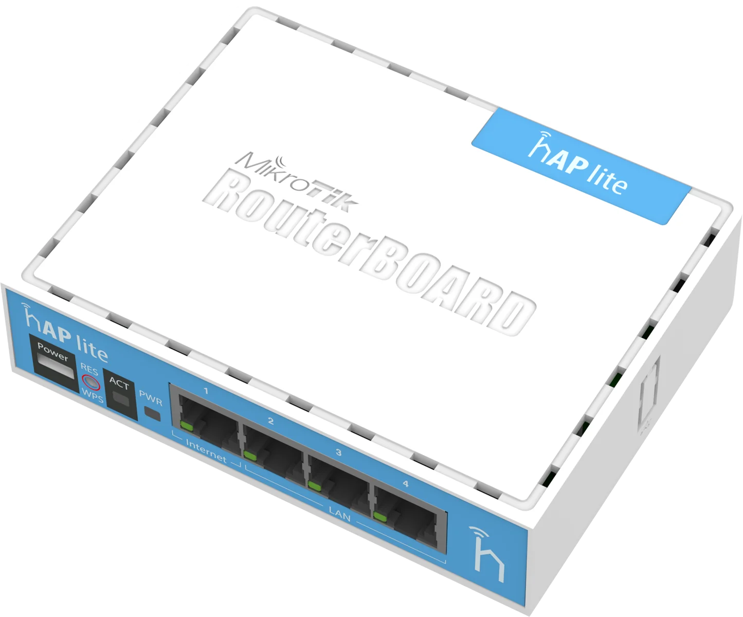 hAP lite with 650MHz CPU, 32MB RAM, 4xLAN, built-in 2.4Ghz 802.11b/g/n 2×2 two chain wireless with integrated antennas, RouterOS L4