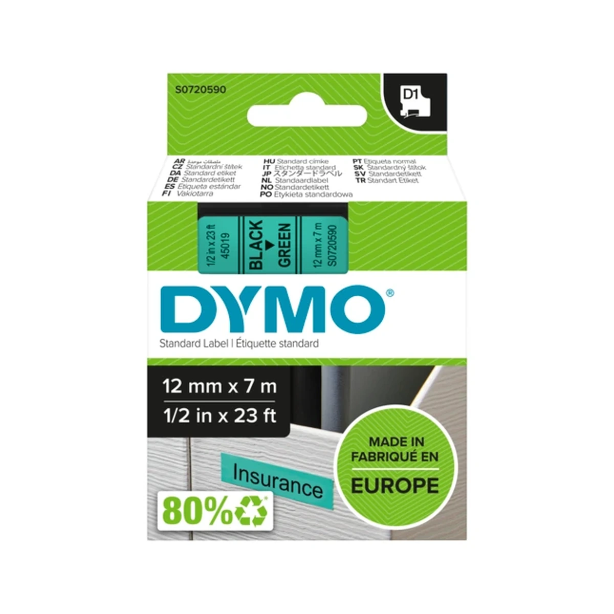 D1 cartridge, 12mmx7m, black/green