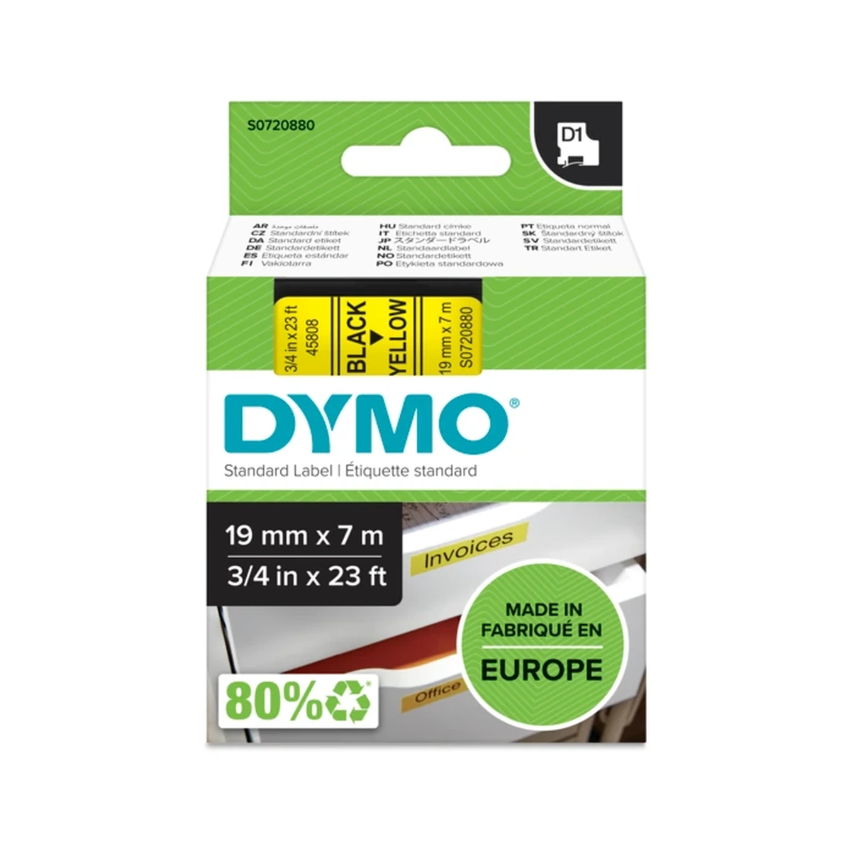D1 cartridge, 19mmx7m, black/yellow