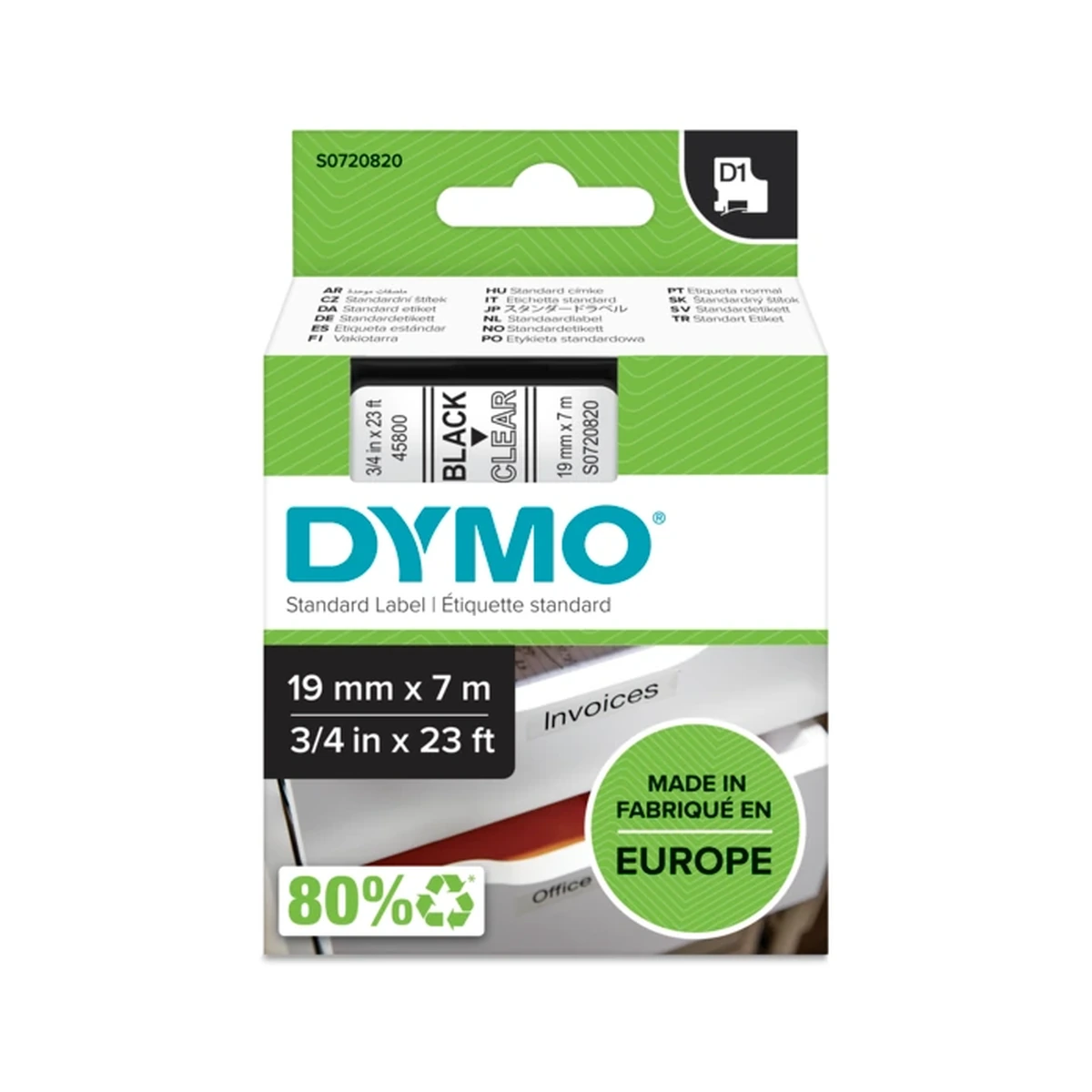 D1 cartridge, 19mmx7m, black/clear