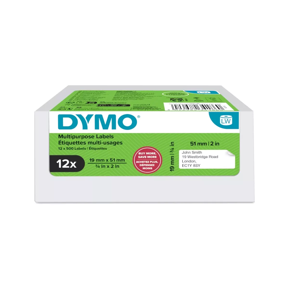 LW label, white, 51x19mm, 500 labels/roll Value Pack 12 pcs