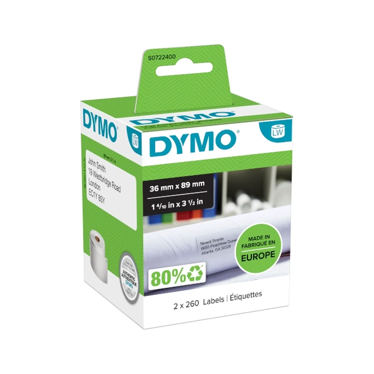 Large LW address label, white paper, 89x36mm, 260 labels/roll
