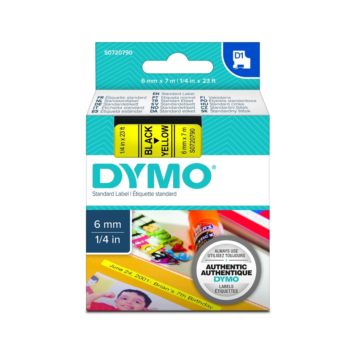 D1 cartridge, 6mmx7m, black/yellow