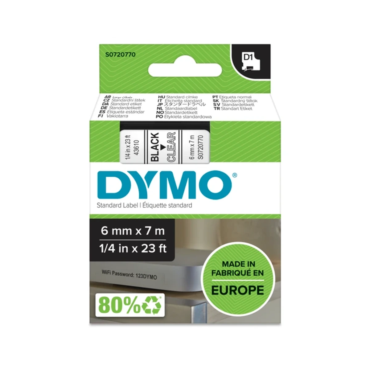 D1 cartridge, 6mmx7m, black/clear