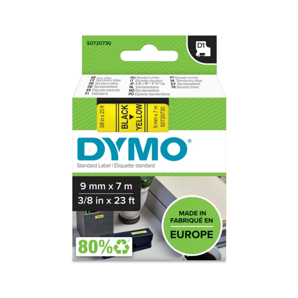 D1 cartridge, 9mmx7m, black/yellow