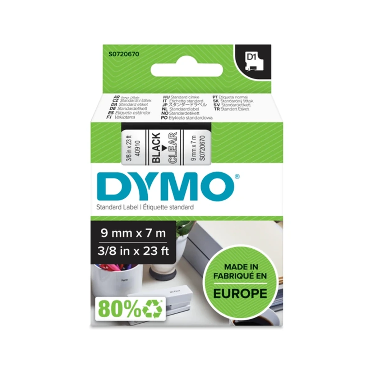 D1 cartridge, 9mmx7m, black/clear