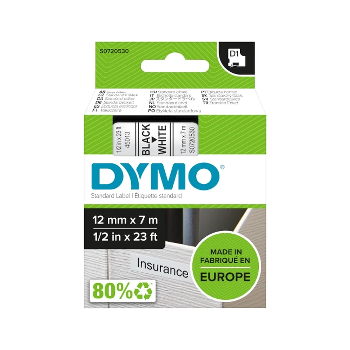 D1 cartridge, 12mmx7m, black/white