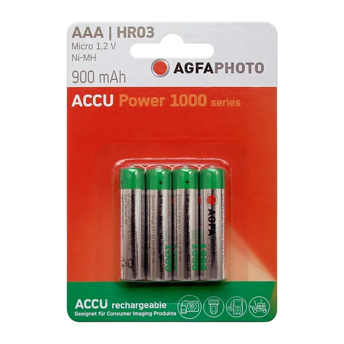 Agfa Rechargeable Battery AAA/HR03 900 mAh, Pack of 4