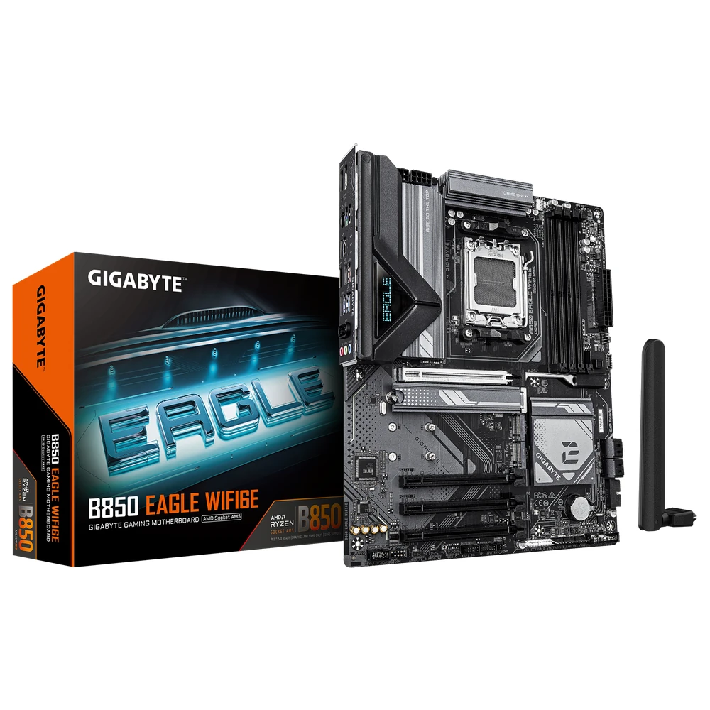 Gigabyte B850 EAGLE WIFI6E Motherboard – AMD Ryzen 9000 Series CPUs, 8+2+2 Phases Digital VRM, up to 8200MHz DDR5 (OC), 1xPCIe 5.0 + 2xPCIe 4.0 M.2, GbE LAN, WIFI 6E, USB 3.2 Gen 2