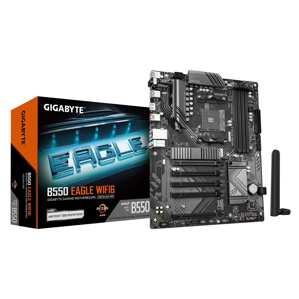 Gigabyte B550 EAGLE WIFI6 Motherboard – AMD Ryzen 5000 G-Series CPUs, 10+3+1 Phases VRM, up to 3200MHz DDR4, 1xPCIe 4.0 + 1xPCIe 3.0 M.2, 1GbE LAN, WIFI 6, USB 3.2 Gen 2