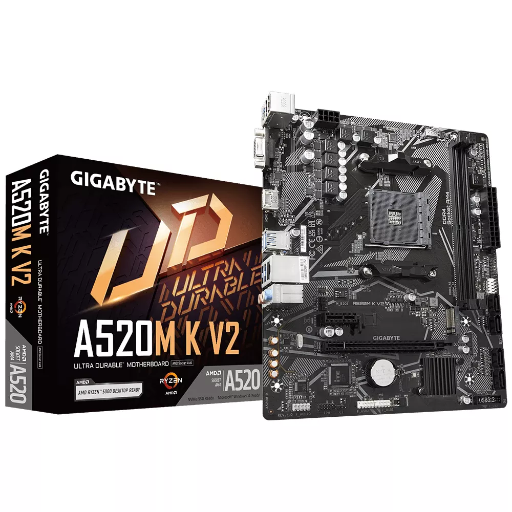 Gigabyte A520M K V2 Motherboard – Supports AMD Ryzen 5000 Series AM4 CPUs, up to 5100MHz DDR4 (OC), PCIe Gen3 x4 M.2, GbE LAN, USB 3.2 Gen 1