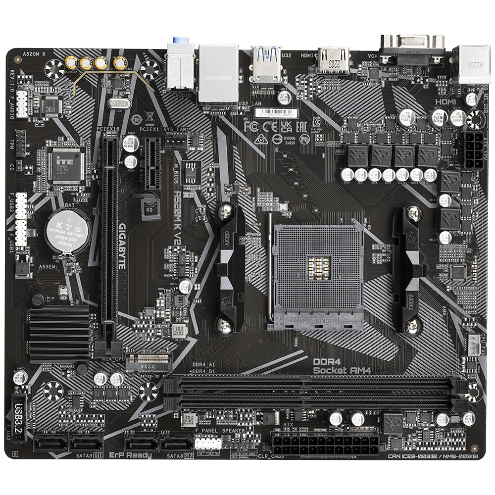 Gigabyte A520M K V2 Motherboard - Supports AMD Ryzen 5000 Series AM4 CPUs, up to 5100MHz DDR4 (OC), PCIe Gen3 x4 M.2, GbE LAN, USB 3.2 Gen 1