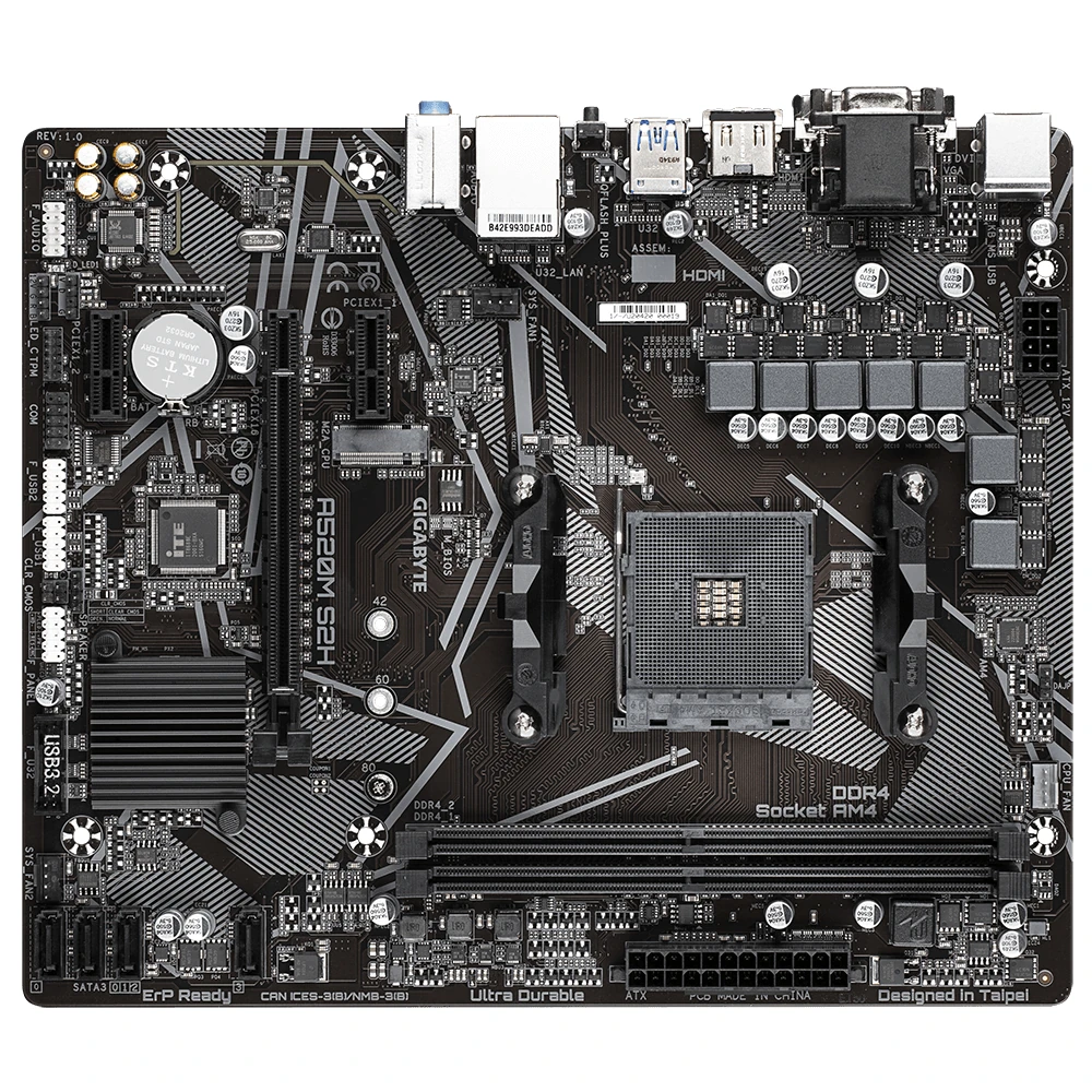 Gigabyte A520M S2H Motherboard - Supports AMD Ryzen 5000 Series AM4 CPUs, 4+3 Phases Pure Digital VRM, up to 5100MHz DDR4 (OC), PCIe 3.0 x4 M.2, GbE LAN, USB 3.2 Gen 1