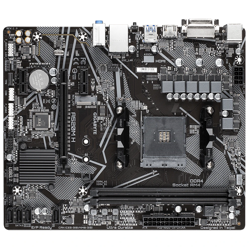 Gigabyte A520M S2H Motherboard - Supports AMD Ryzen 5000 Series AM4 CPUs, 4+3 Phases Pure Digital VRM, up to 5100MHz DDR4 (OC), PCIe 3.0 x4 M.2, GbE LAN, USB 3.2 Gen 1