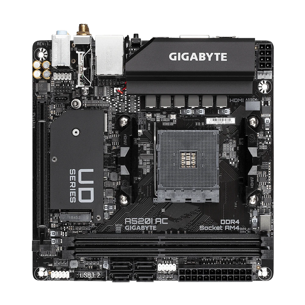 Gigabyte A520I AC Motherboard – Supports AMD Ryzen 5000 Series AM4 CPUs, 6 Phases Digital VRM, up to 5300MHz DDR4 (OC), 1xPCIe 3.0 M.2, WIFI, GbE LAN, USB 3.2 Gen1