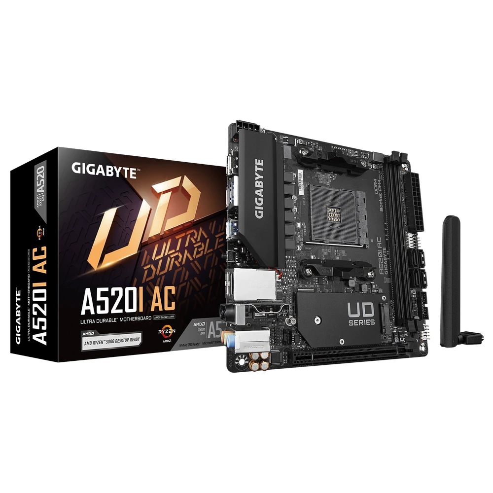 Gigabyte A520I AC Motherboard - Supports AMD Ryzen 5000 Series AM4 CPUs, 6 Phases Digital VRM, up to 5300MHz DDR4 (OC), 1xPCIe 3.0 M.2, WIFI, GbE LAN, USB 3.2 Gen1