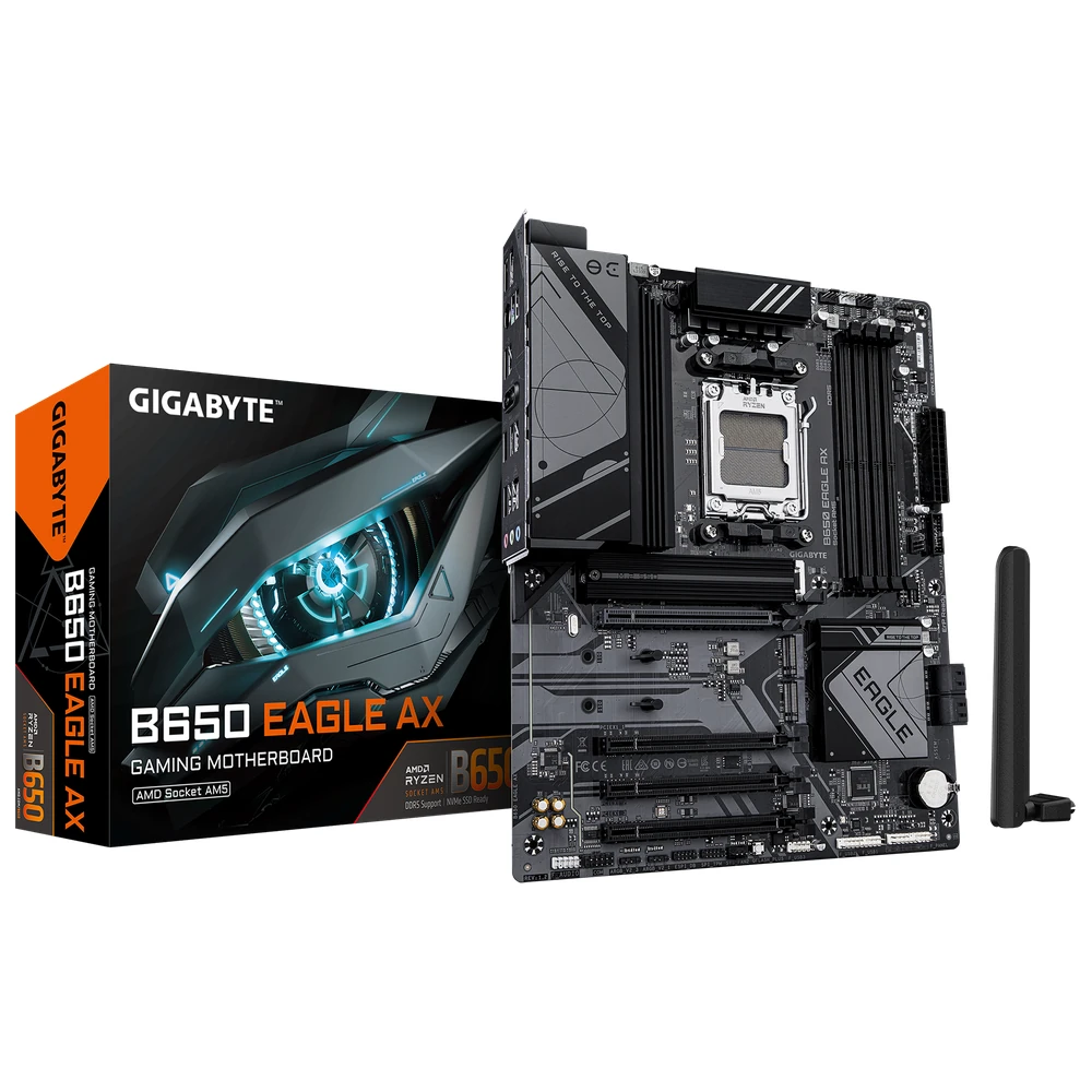 Gigabyte B650 EAGLE AX Motherboard – Supports AMD Ryzen 7000 CPUs, 12+2+2 Phases Digital VRM, up to 7600MHz DDR5 (OC), 1xPCIe 5.0 + 2xPCIe 4.0 M.2, Wi-Fi 6E 802.11ax, GbE LAN, USB 3.2 Gen2