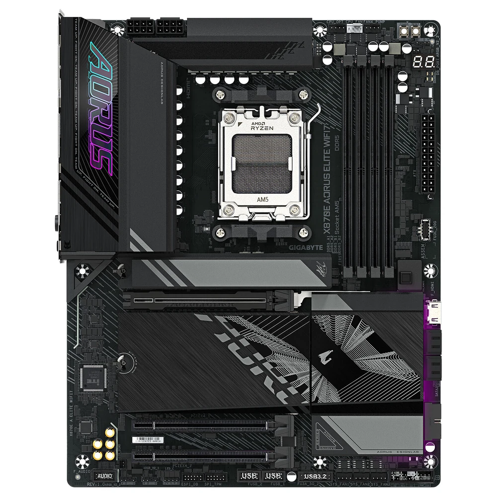 GIGABYTE X870E AORUS ELITE WIFI7 Motherboard - Supports AMD Ryzen 9000 CPUs, 16+2+2 Phases Digital VRM, up to 8000Hz DDR5 (OC), 3xPCIe 5.0, Wi-Fi 7, 2.5GbE LAN, USB 4