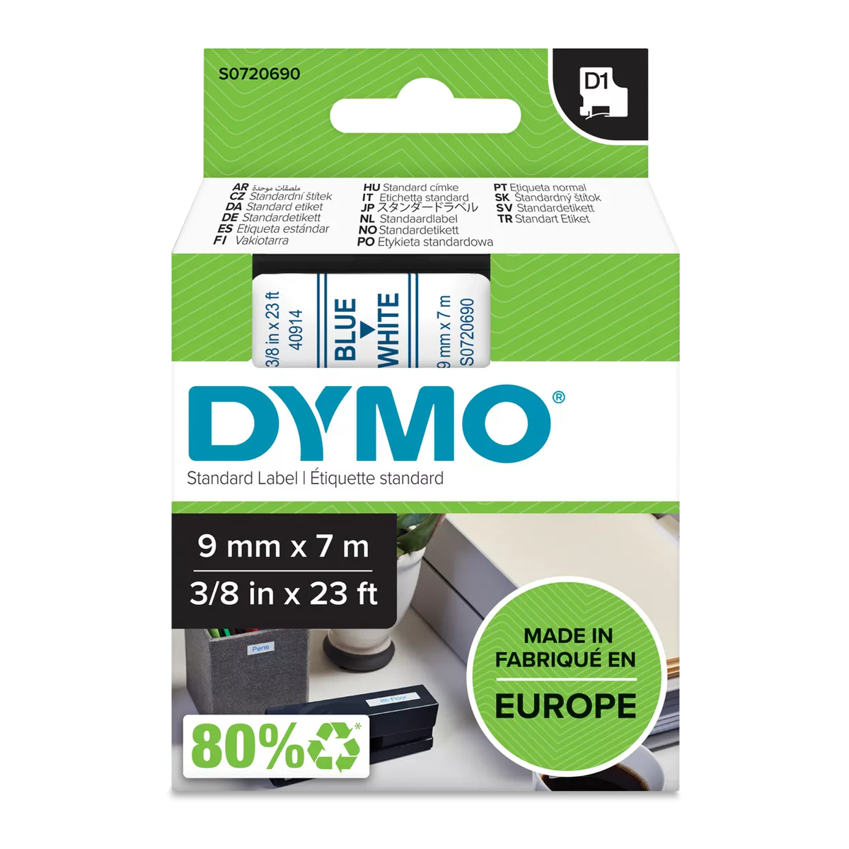 Dymo D1 cassette, 9mmx7m, blue/white