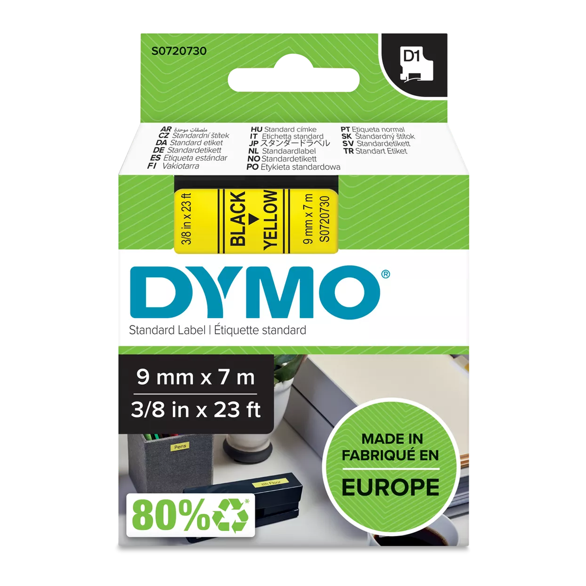 Dymo D1 cassette, 9mmx7m, black/yellow