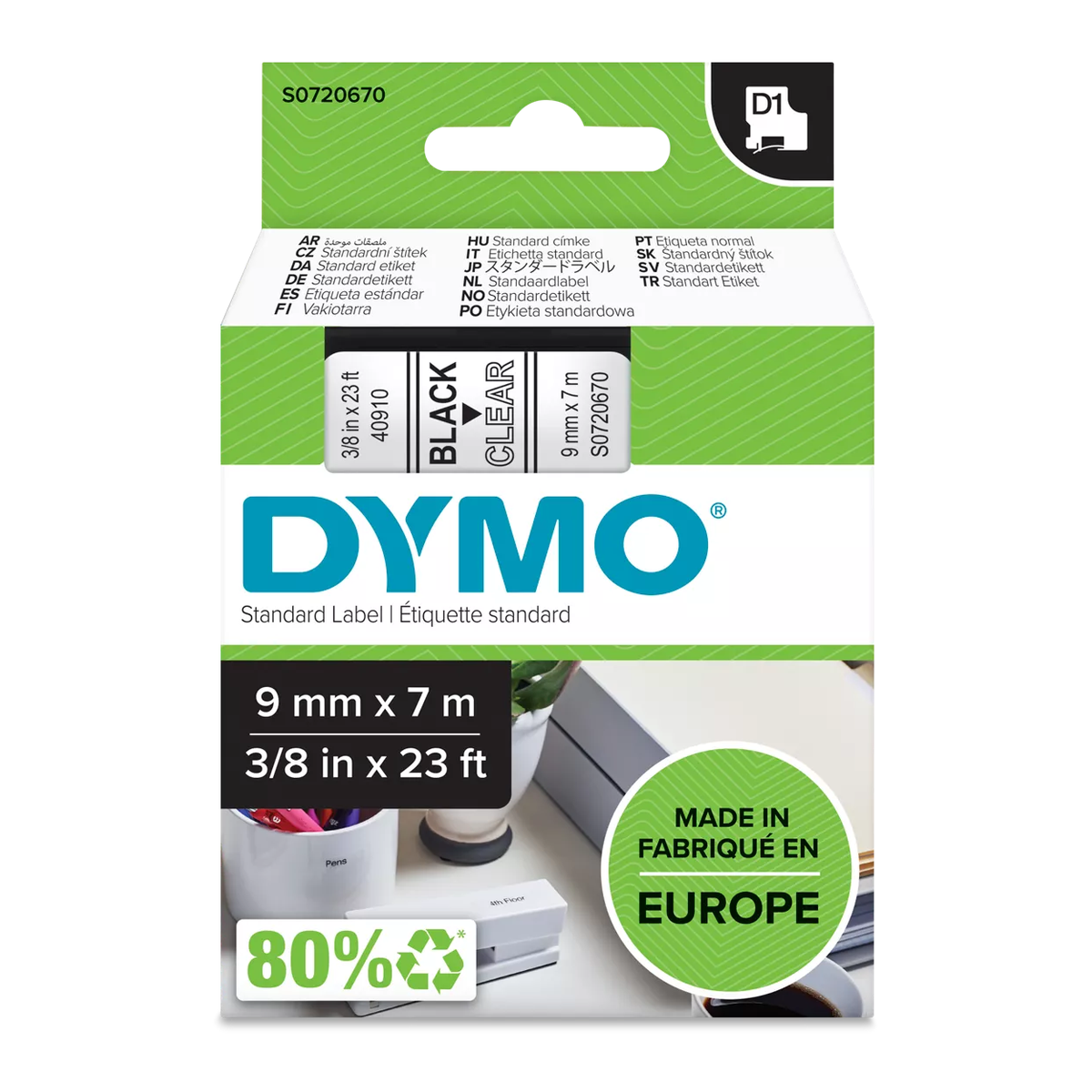 Dymo D1 cassette, 9mmx7m, black/clear