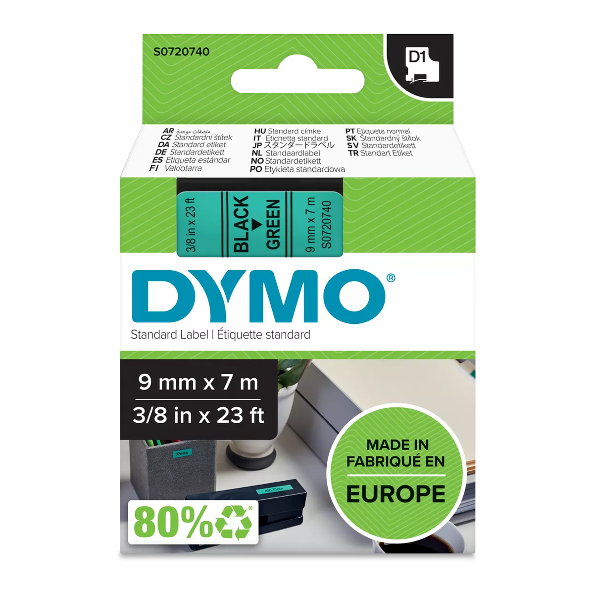 Dymo D1 cassette, 9mmx7m, black/green