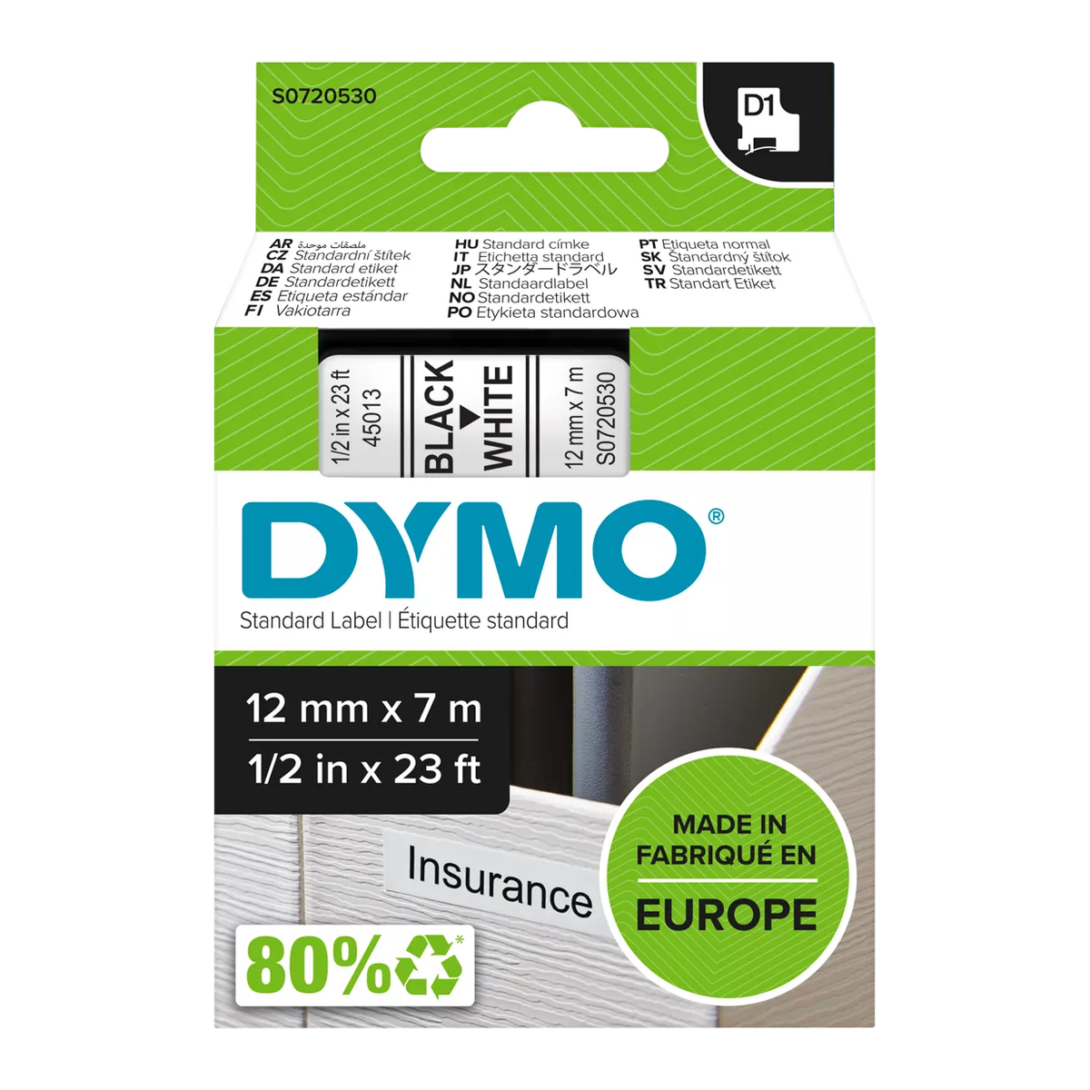 Dymo D1 cassette, 12mmx7m, black/white