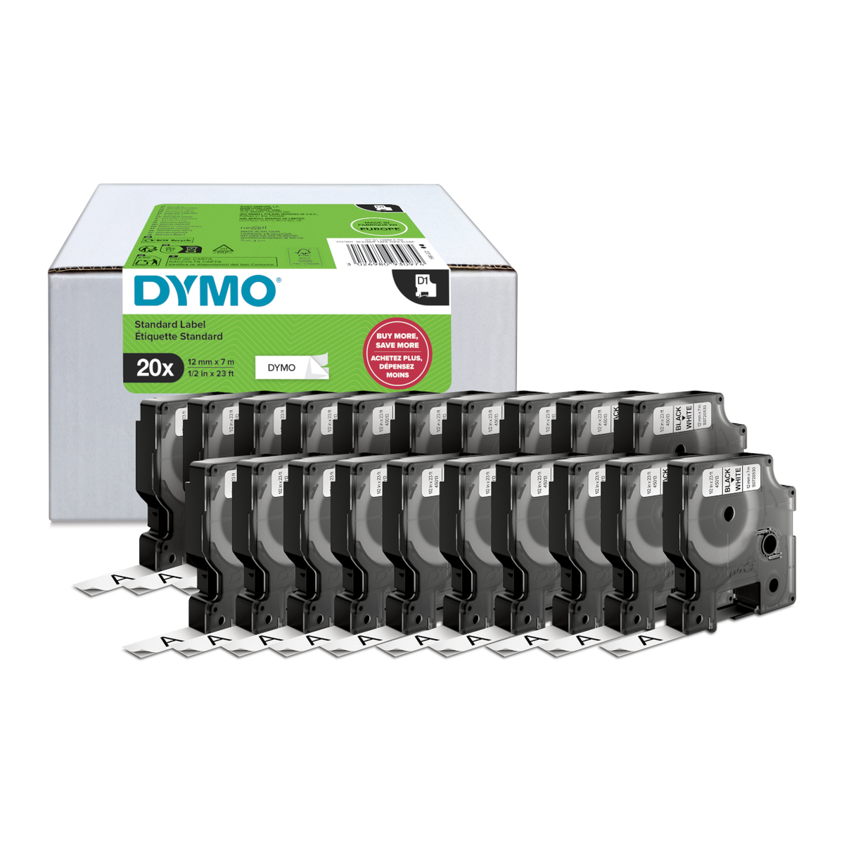 Dymo D1 cassette, 12mmx7m, black/white VALUE PACK 20 pcs
