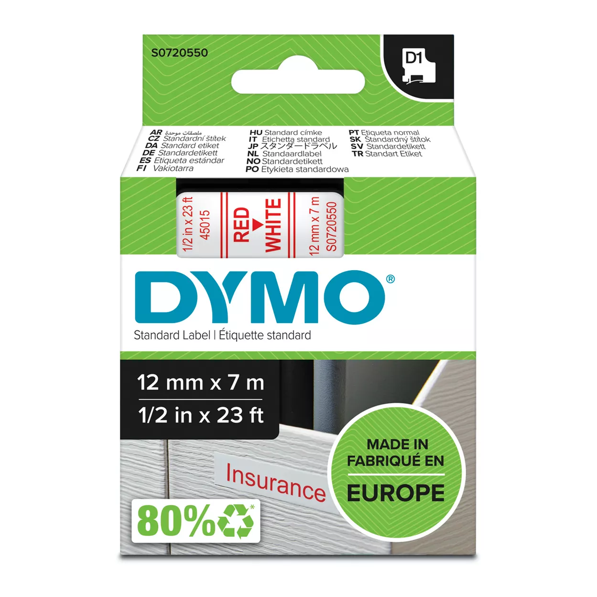 Dymo D1 cassette, 12mmx7m, red/white