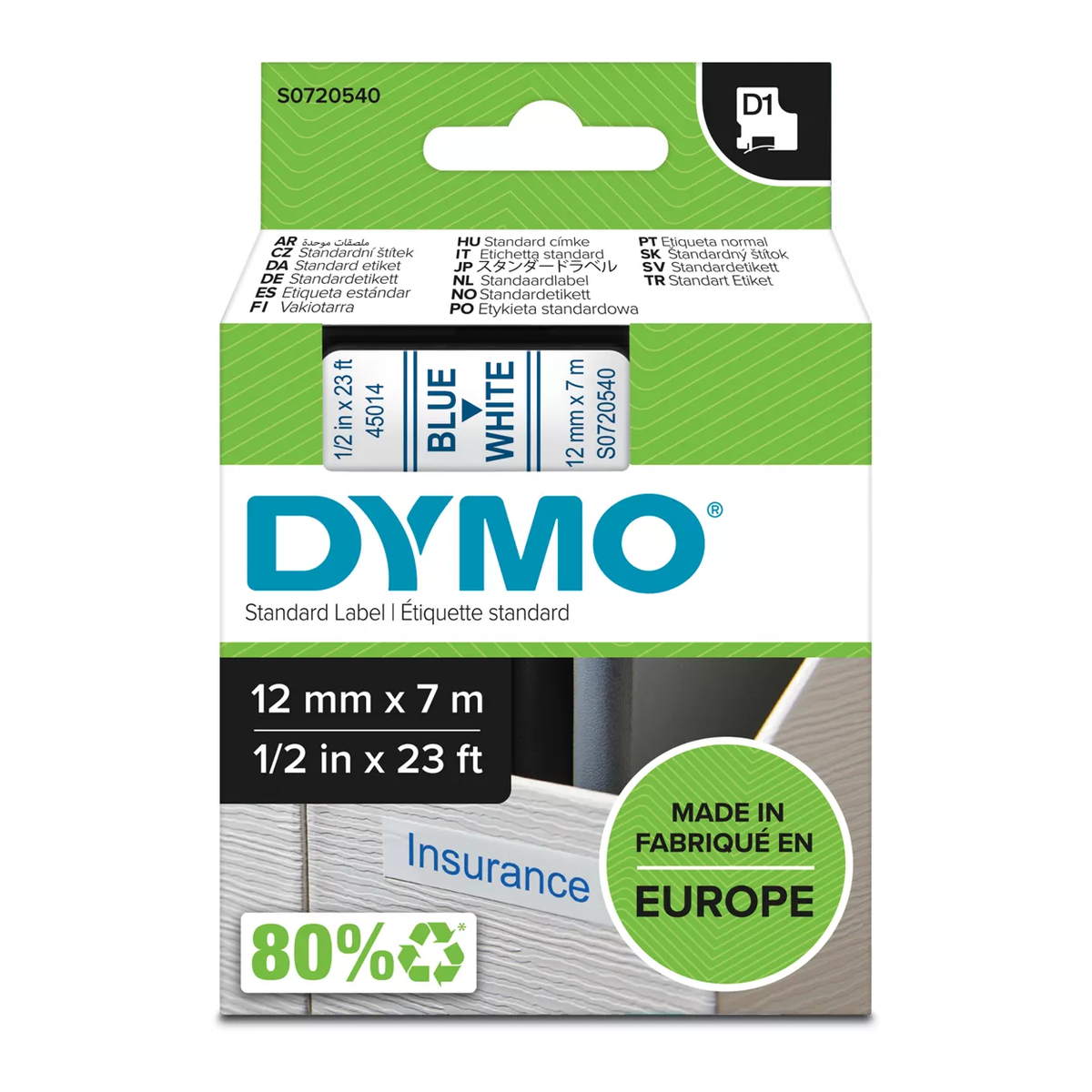 Dymo D1 cassette, 12mmx7m, blue/white