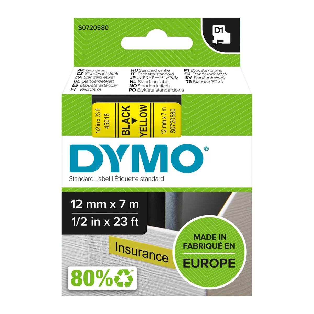 Dymo D1 cassette, 12mmx7m, black/yellow