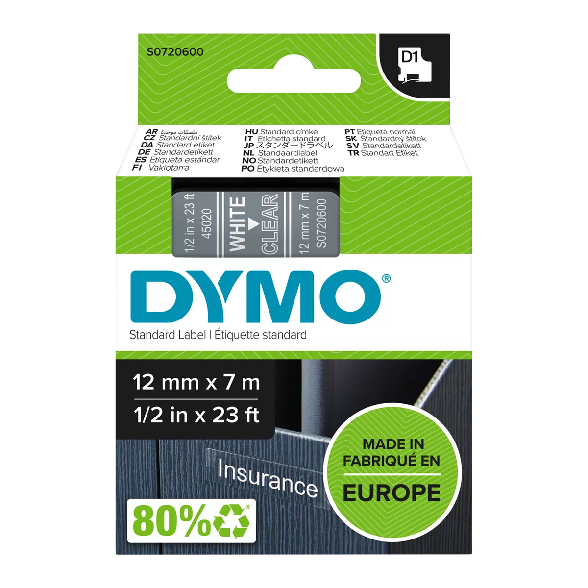 Dymo D1 cassette, 12mmx7m, white/clear