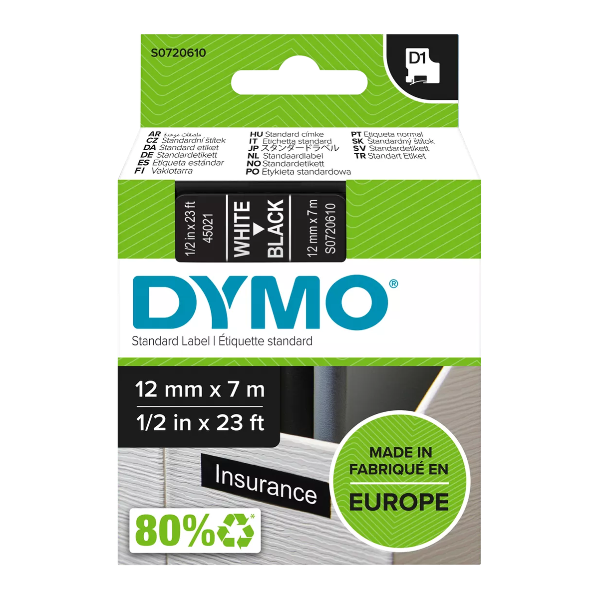 Dymo D1 cassette, 12mmx7m, white/black