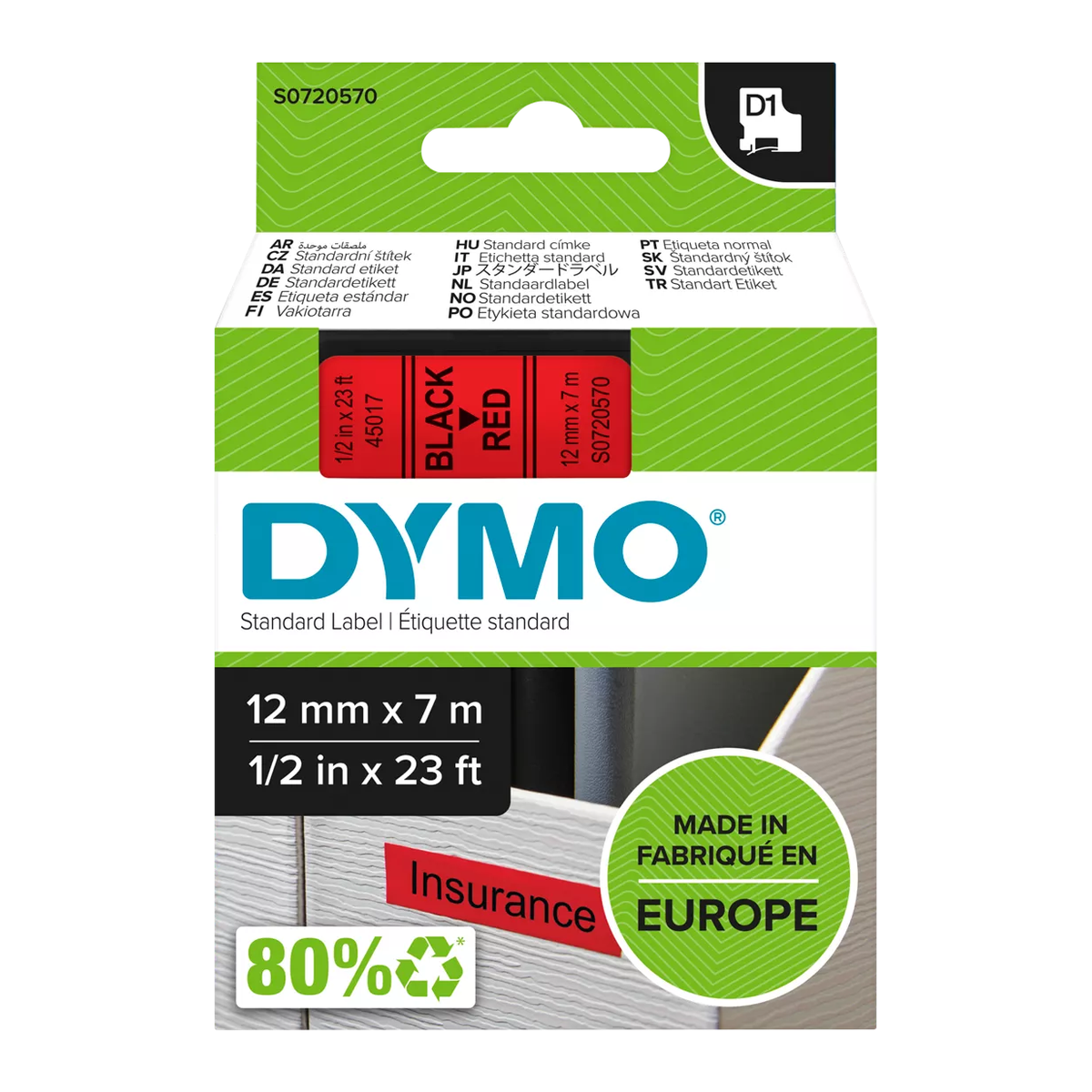 Dymo D1 cassette, 12mmx7m, black/red